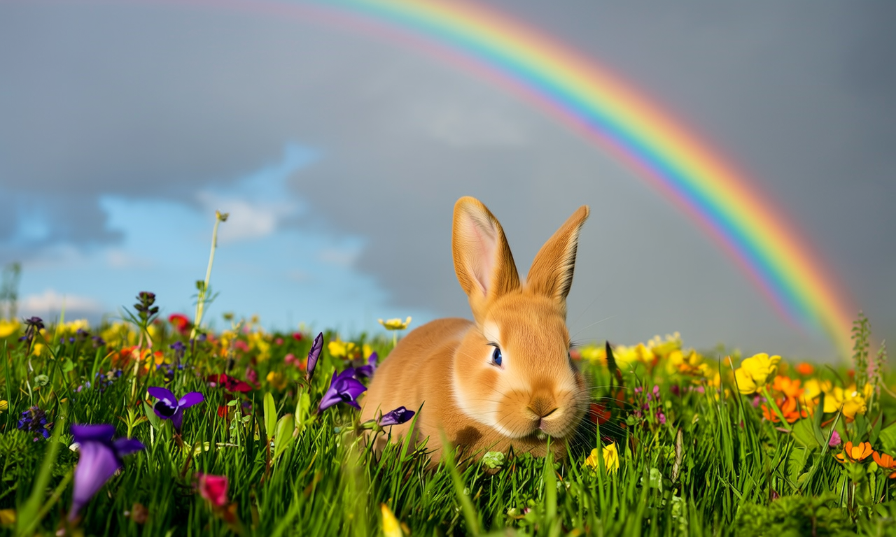 彩虹下的小兔，一只毛茸茸的小兔子坐在彩虹的一端，它的耳朵竖立着，好像在聆听天空传来的神秘旋律，周围是五彩斑斓的花朵和绿草。