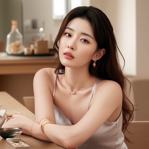 生活瞬间，美女，韩系美女，丝绸，美妆广告，家庭餐桌，4K超清，写实风格，温馨，柔和室内光，细腻皮肤，项链，耳环，手链。